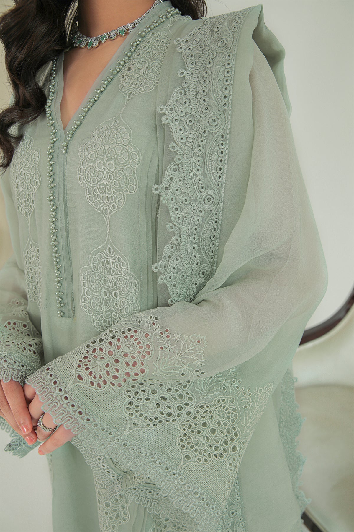 Mint Embroidered Chiffon 3-Piece Suit - Image 6