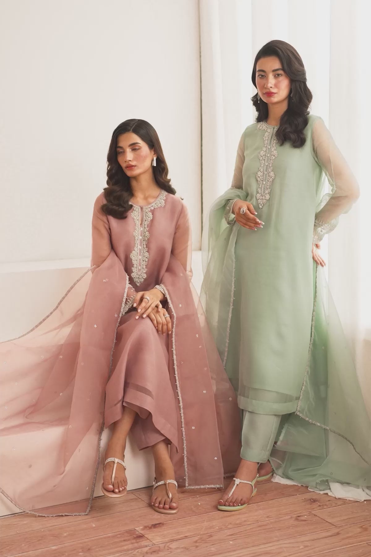 Mint Green Embroidered Chiffon & Organza Suit (3-Piece) - Image 10