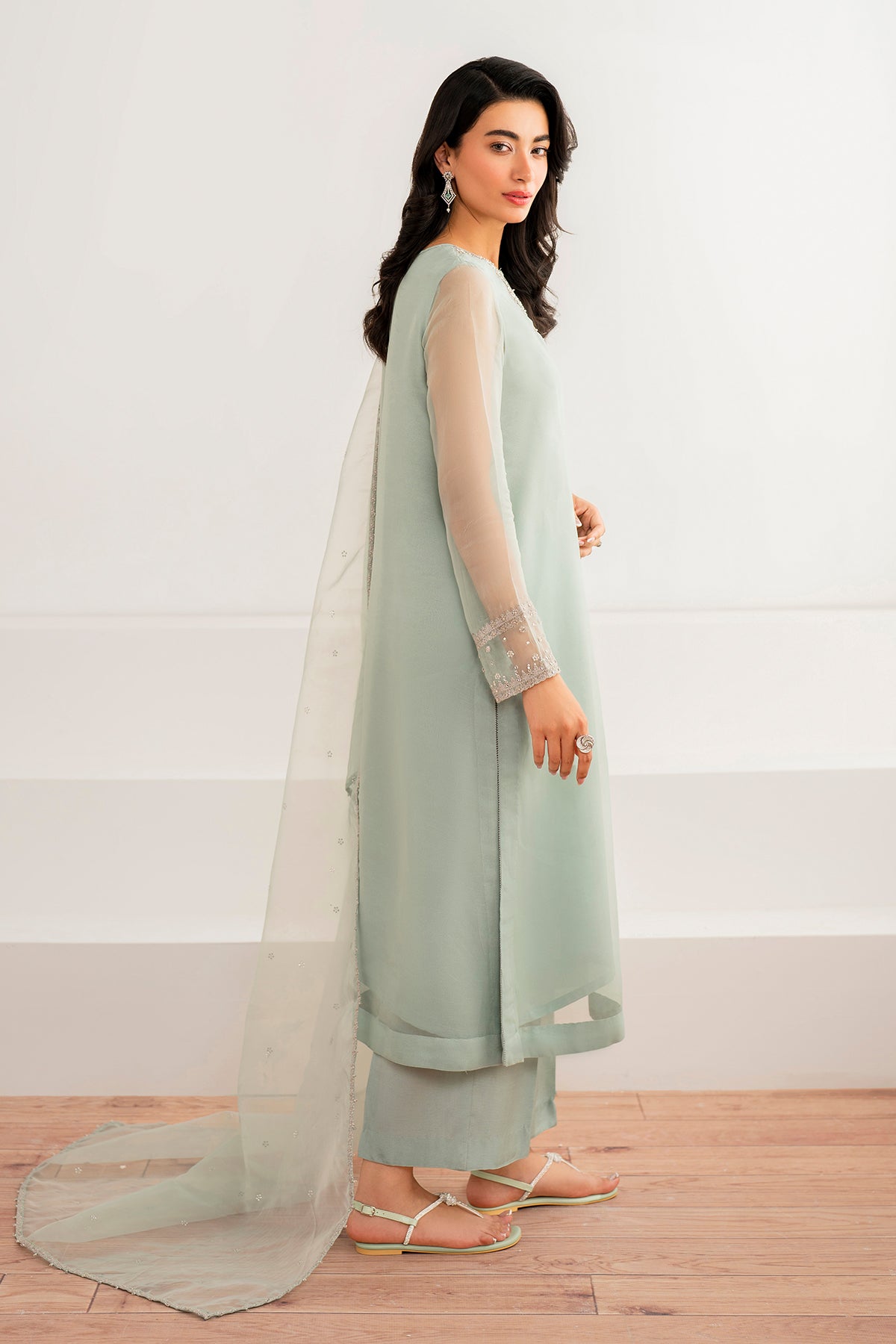 Mint Green Embroidered Chiffon & Organza Suit (3-Piece) - Image 2