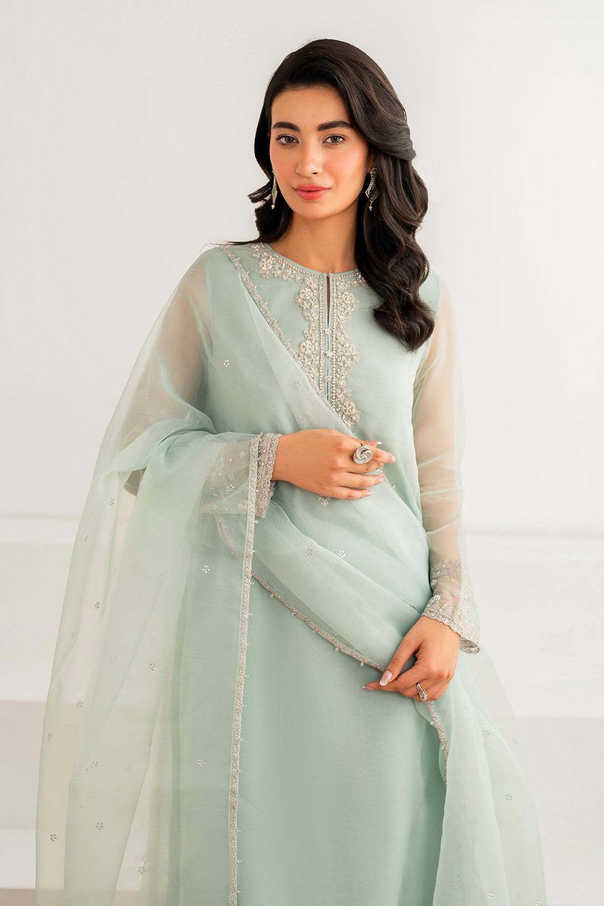 Mint Green Embroidered Chiffon & Organza Suit (3-Piece) - Image 3