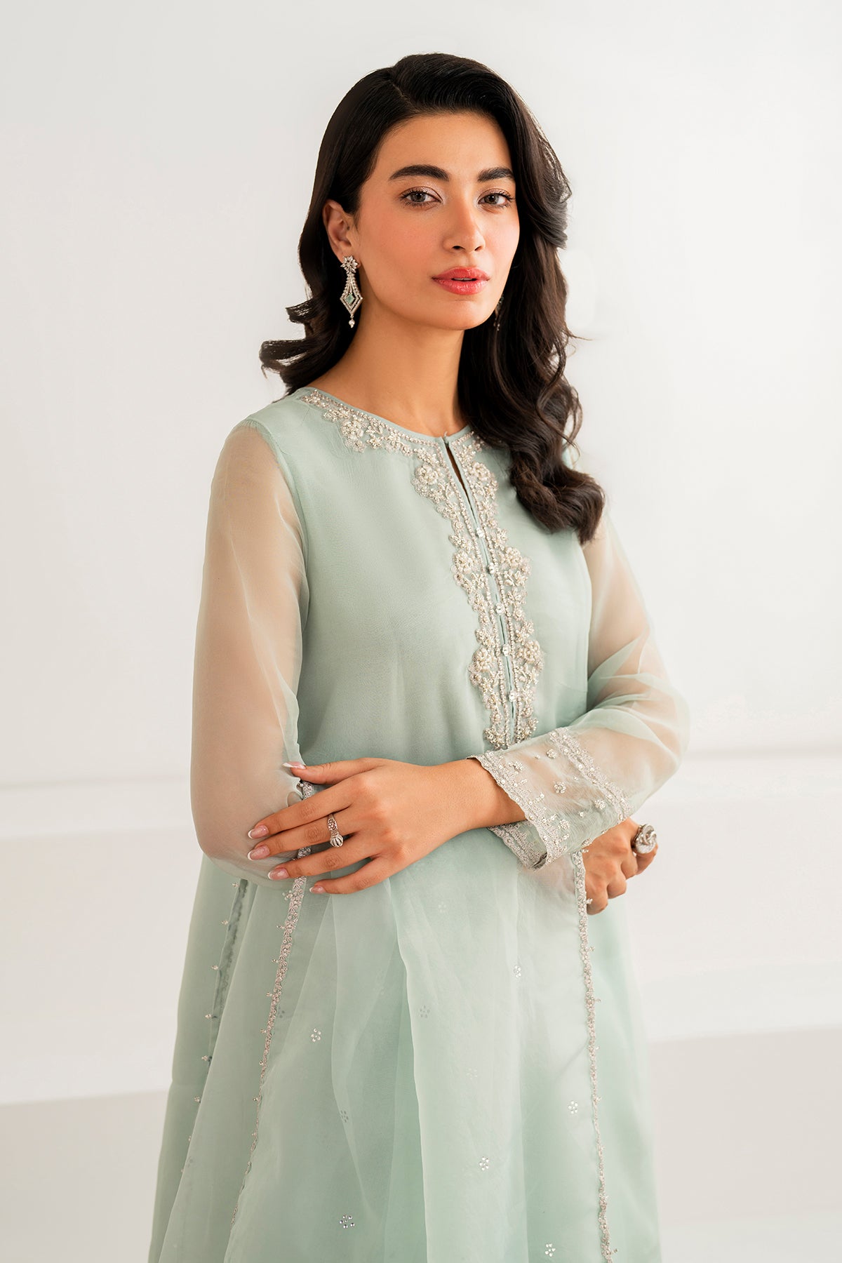 Mint Green Embroidered Chiffon & Organza Suit (3-Piece) - Image 4