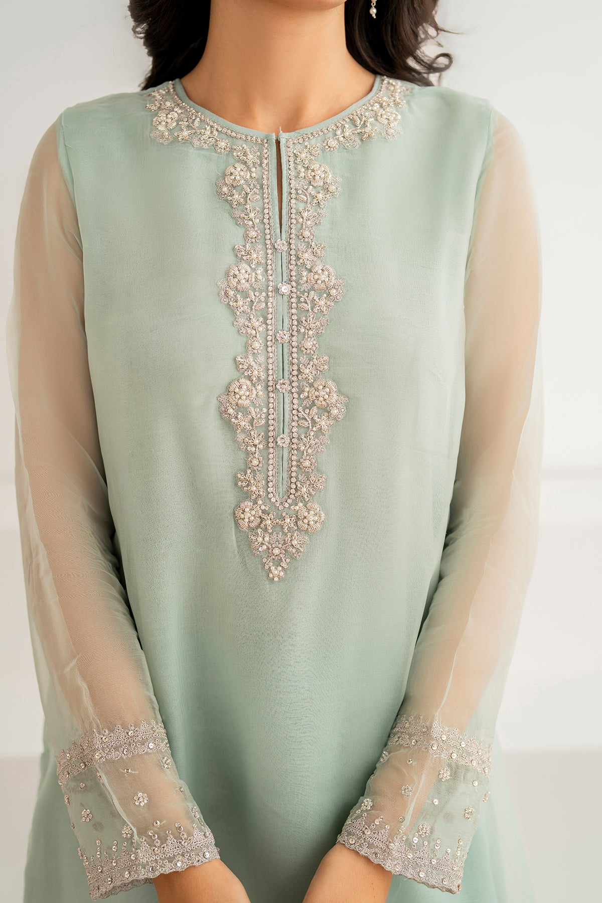 Mint Green Embroidered Chiffon & Organza Suit (3-Piece) - Image 5