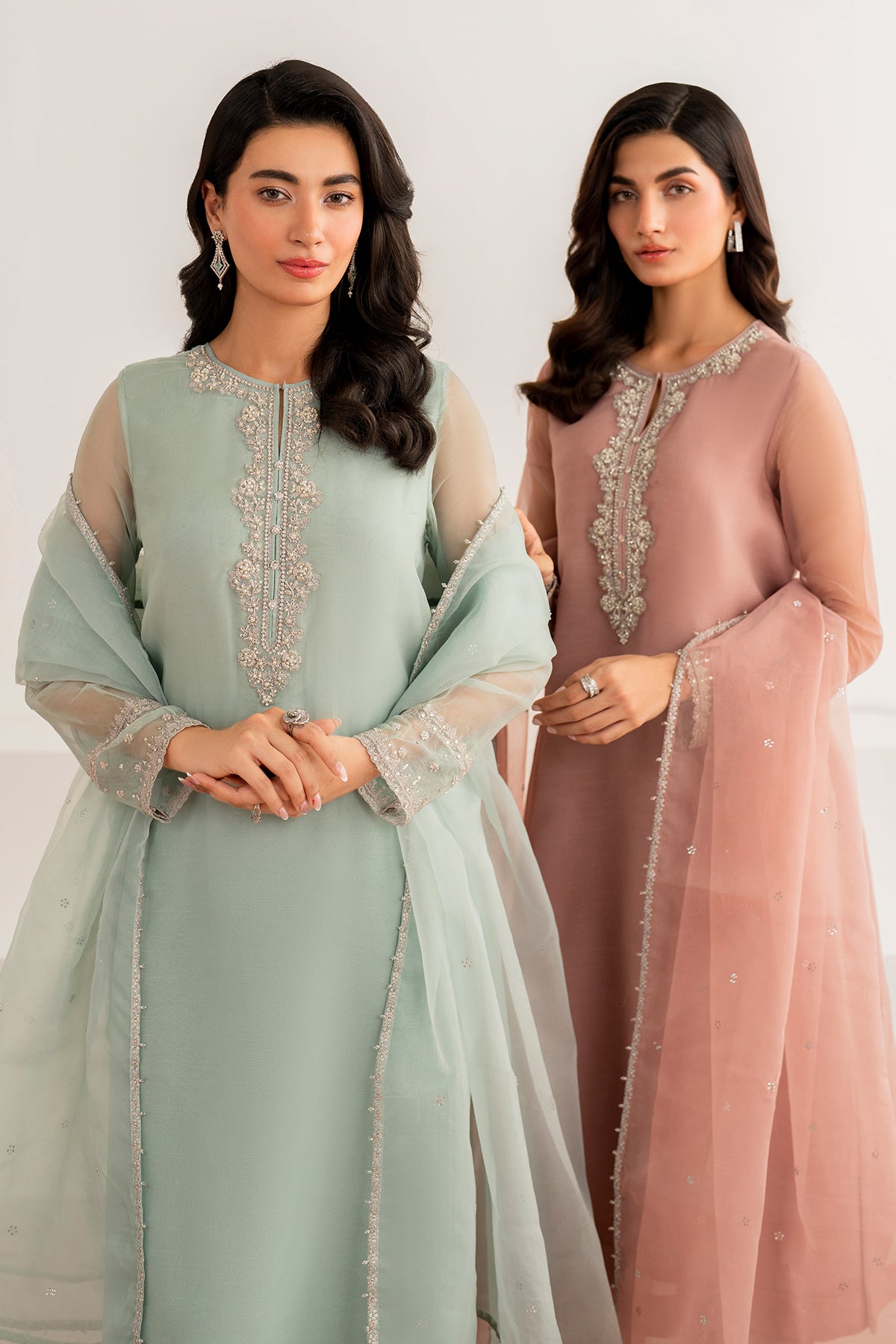 Mint Green Embroidered Chiffon & Organza Suit (3-Piece) - Image 9