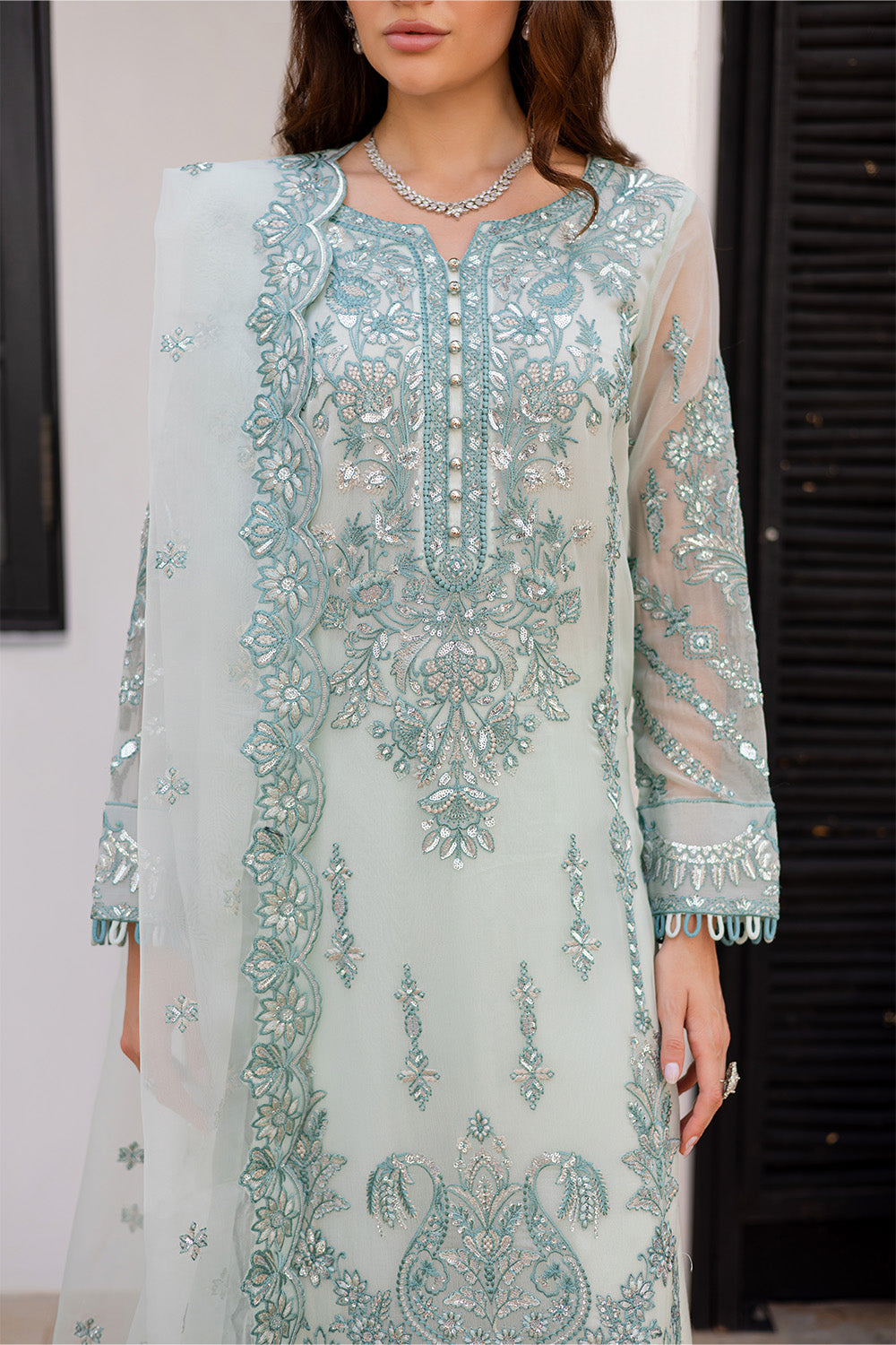 Ultramarine Green Embroidered Chiffon & Organza Suit (3-Piece) - Image 2