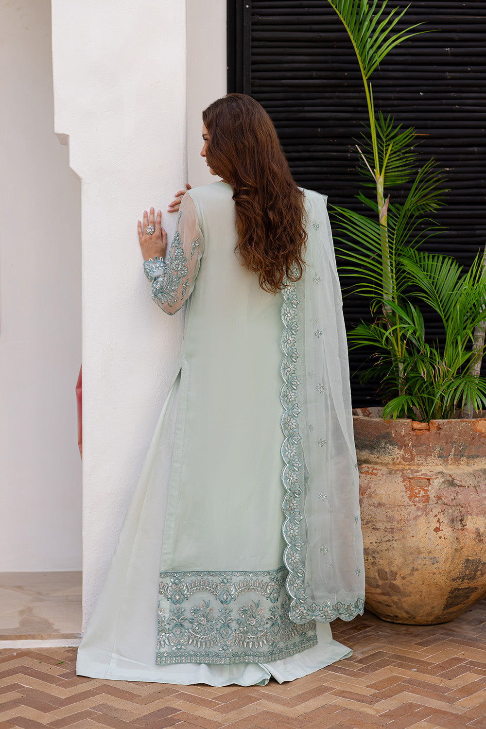 Ultramarine Green Embroidered Chiffon & Organza Suit (3-Piece) - Image 3