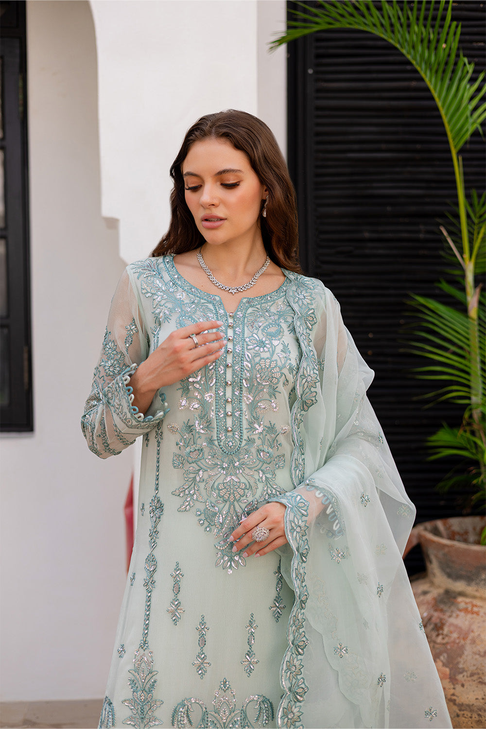 Ultramarine Green Embroidered Chiffon & Organza Suit (3-Piece) - Image 5