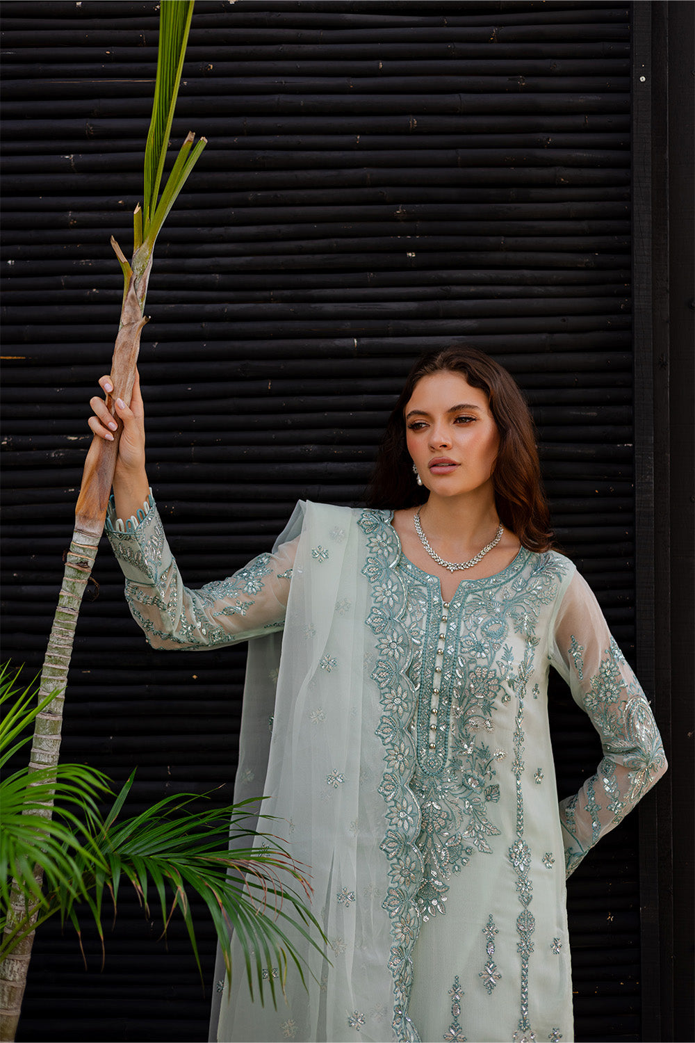 Ultramarine Green Embroidered Chiffon & Organza Suit (3-Piece) - Image 6