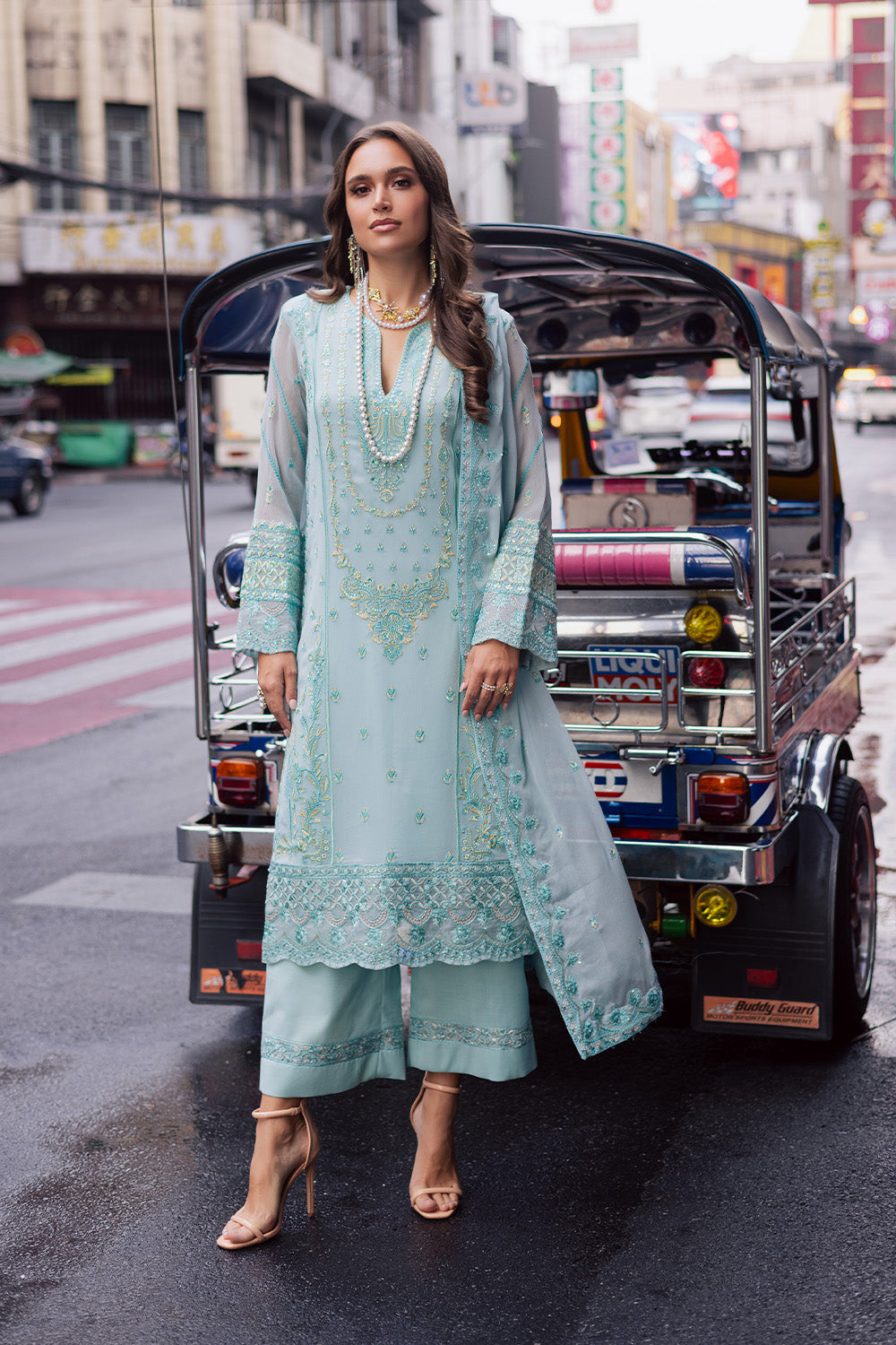 Pakistani Ferozi Embroidered Chiffon & Organza 3-Piece Suit - Image 1