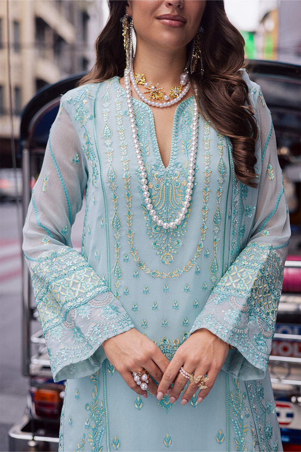 Pakistani Ferozi Embroidered Chiffon & Organza 3-Piece Suit - Image 2