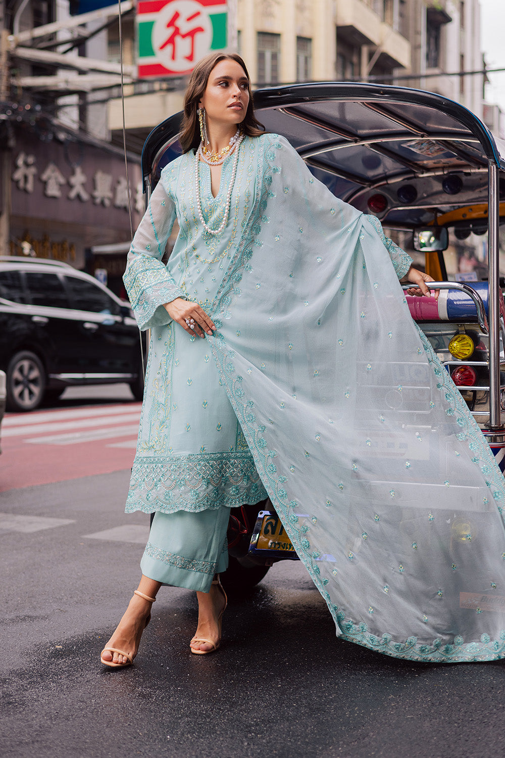 Pakistani Ferozi Embroidered Chiffon & Organza 3-Piece Suit - Image 5