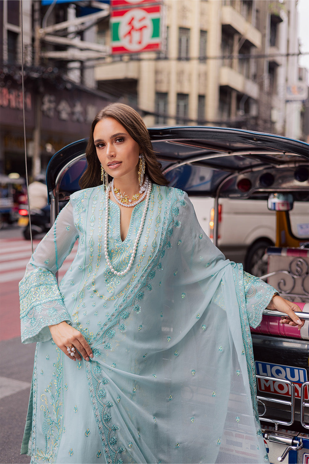 Pakistani Ferozi Embroidered Chiffon & Organza 3-Piece Suit - Image 6