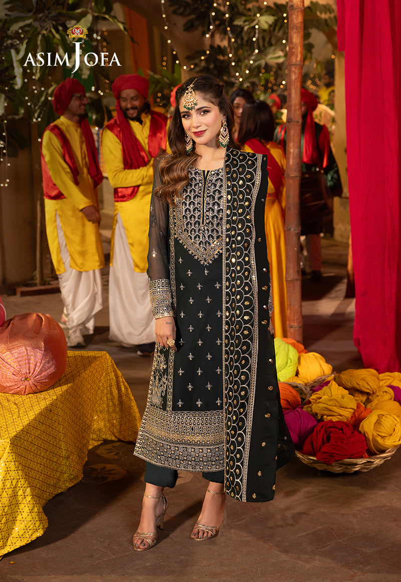 Bottle Green Embroidered Chiffon & Silk Suit (3-Piece) - Image 1