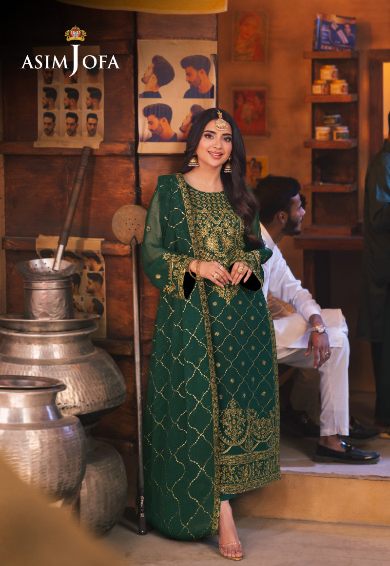 Emerald Green Embroidered Chiffon & Silk Suit (3-Piece) - Image 1