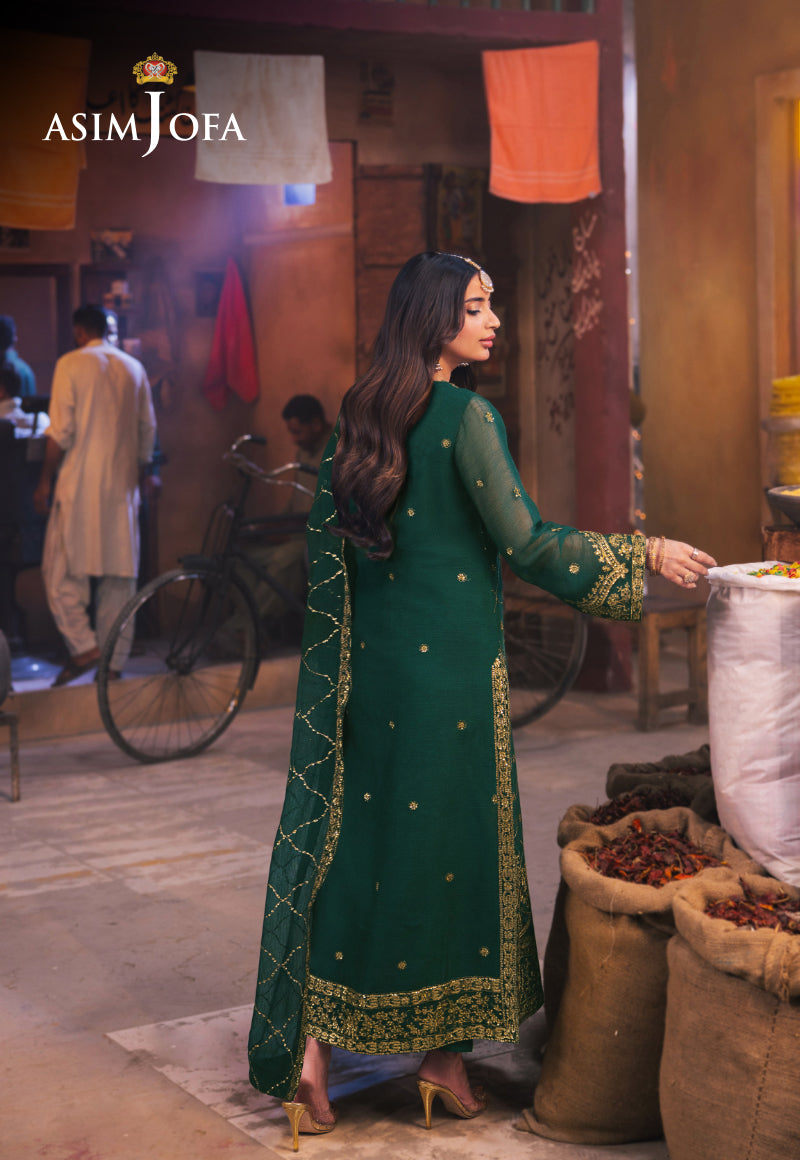 Emerald Green Embroidered Chiffon & Silk Suit (3-Piece) - Image 2