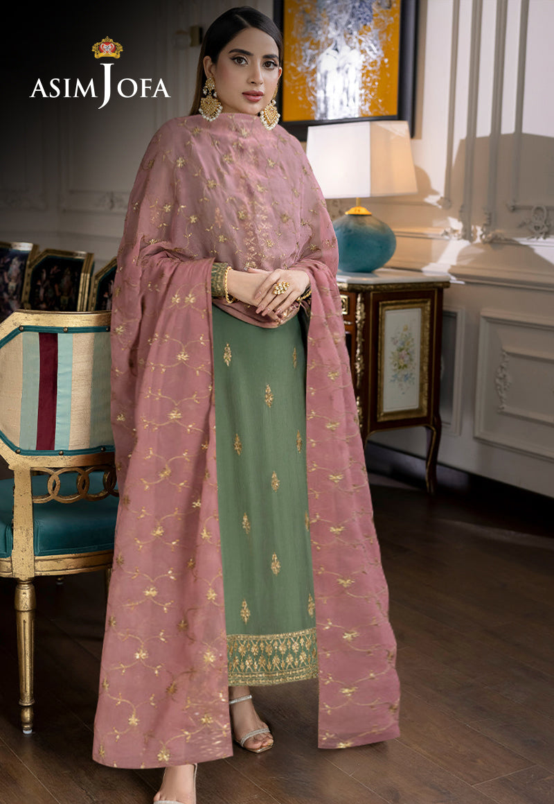 Pakistani Sage Green Embroidered Chiffon Organza Salwar Kameez (3-Piece) - Image 1