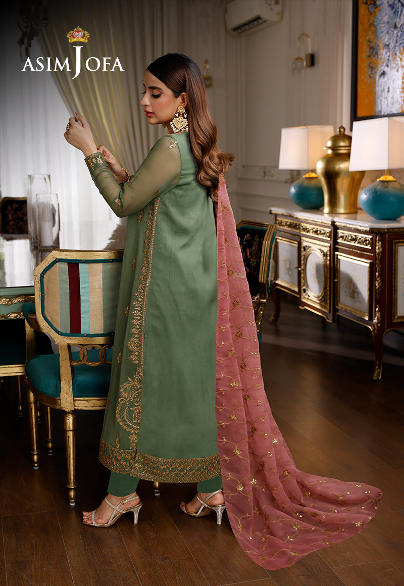 Pakistani Sage Green Embroidered Chiffon Organza Salwar Kameez (3-Piece) - Image 2