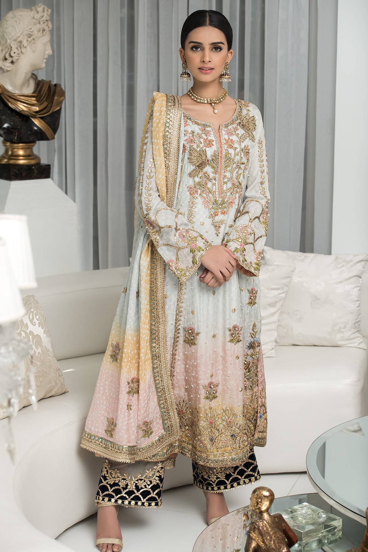 Ferozi Hand-Embellished Chunri Silk Long Shirt (3-Piece) - Image 1