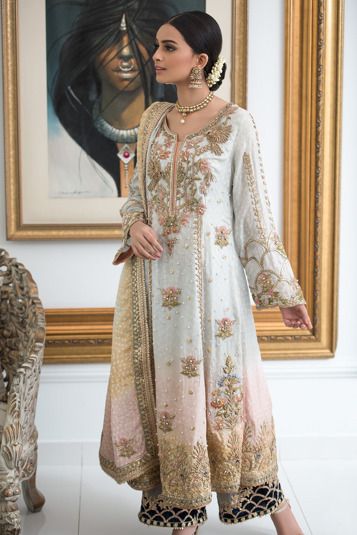 Ferozi Hand-Embellished Chunri Silk Long Shirt (3-Piece) - Image 2