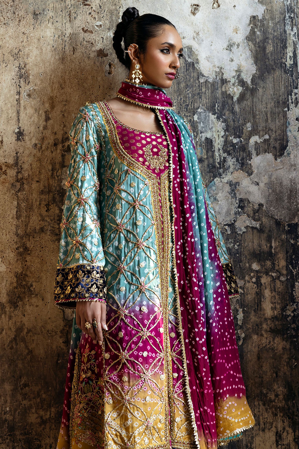 Pakistani Deep Sea Green Embroidered Chunri Silk Kameez (3-Piece) - Image 1