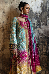 Pakistani Deep Sea Green Embroidered Chunri Silk Kameez (3-Piece) - Image 2