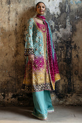 Pakistani Deep Sea Green Embroidered Chunri Silk Kameez (3-Piece) - Image 3