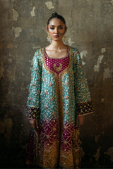 Pakistani Deep Sea Green Embroidered Chunri Silk Kameez (3-Piece) - Image 4