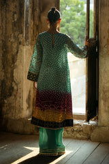 Pakistani Deep Sea Green Embroidered Chunri Silk Kameez (3-Piece) - Image 6