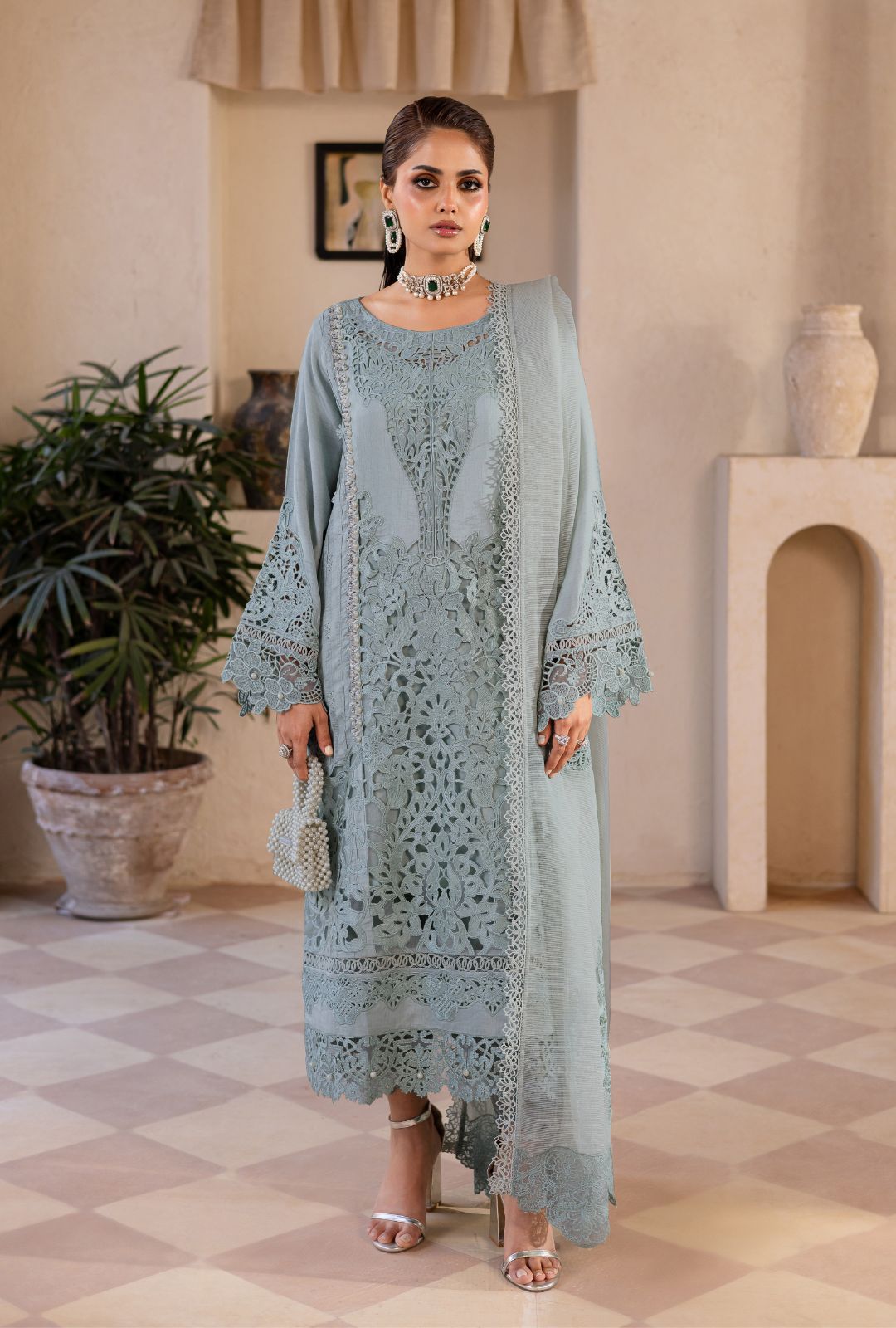 Pakistani Pale Ferozi Cutwork Embroidered Cotton Net Salwar Kameez (3-Piece) - Image 1