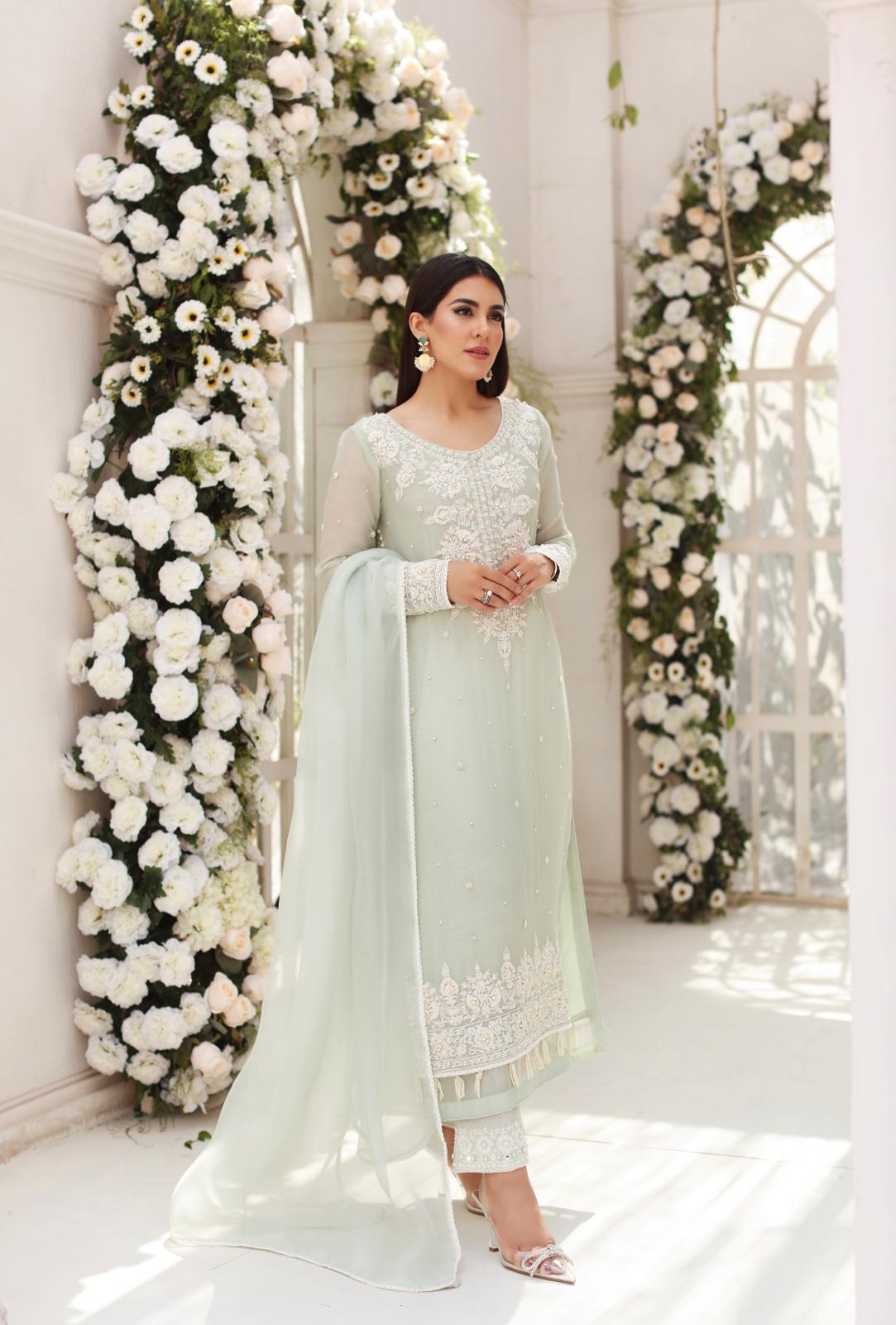 Pakistani Pastel Green Embroidered Cotton Net Salwar Kameez (3-Piece) - Image 2