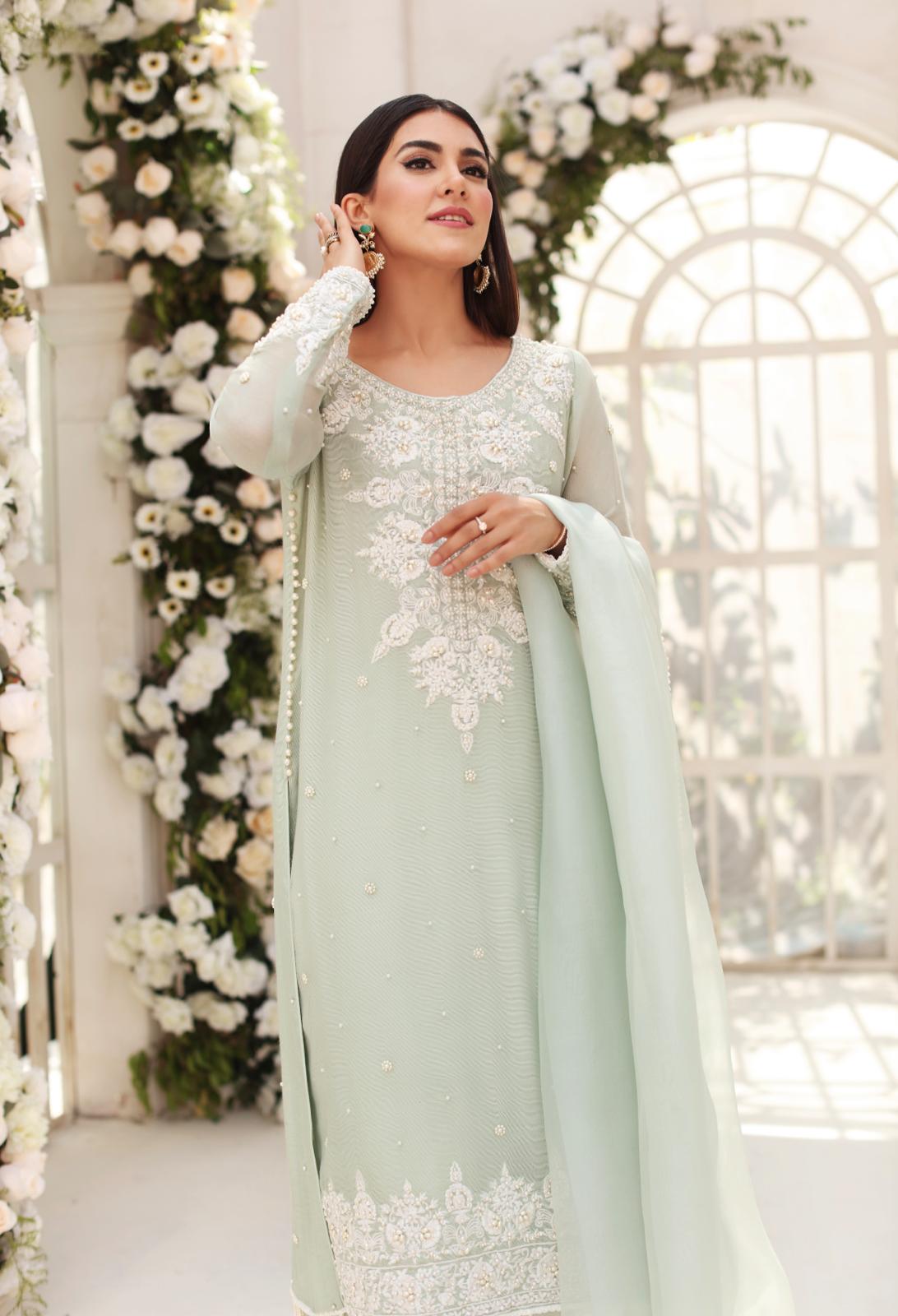 Pakistani Pastel Green Embroidered Cotton Net Salwar Kameez (3-Piece) - Image 3