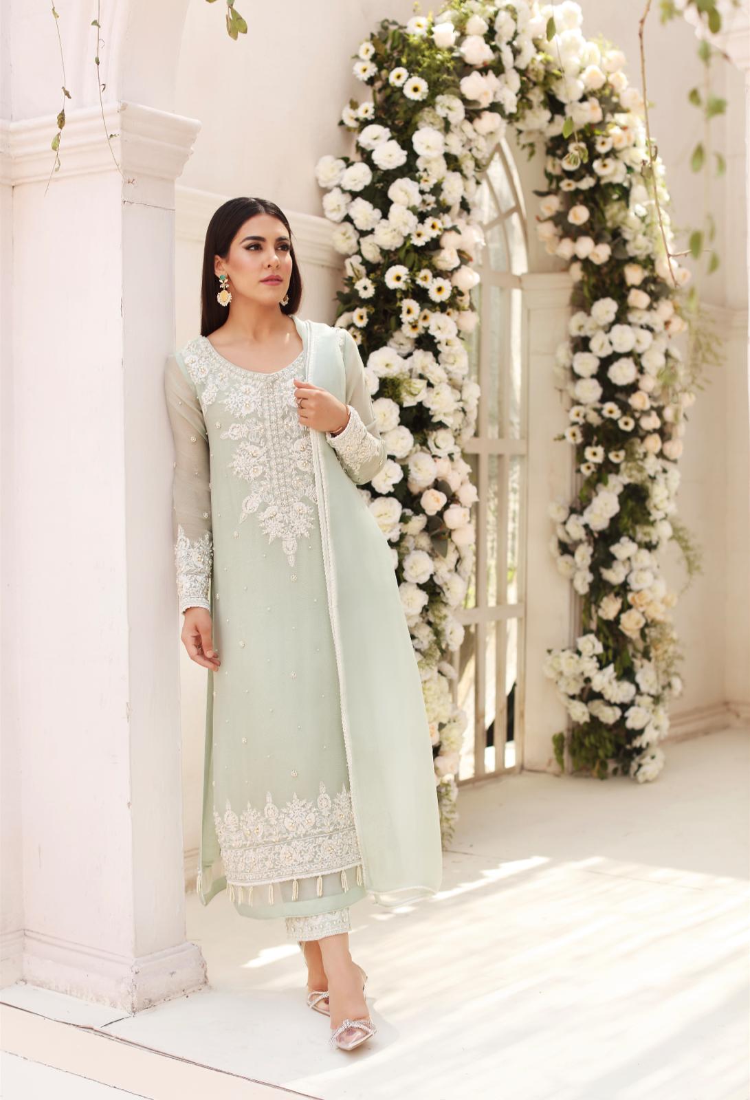Pakistani Pastel Green Embroidered Cotton Net Salwar Kameez (3-Piece) - Image 4