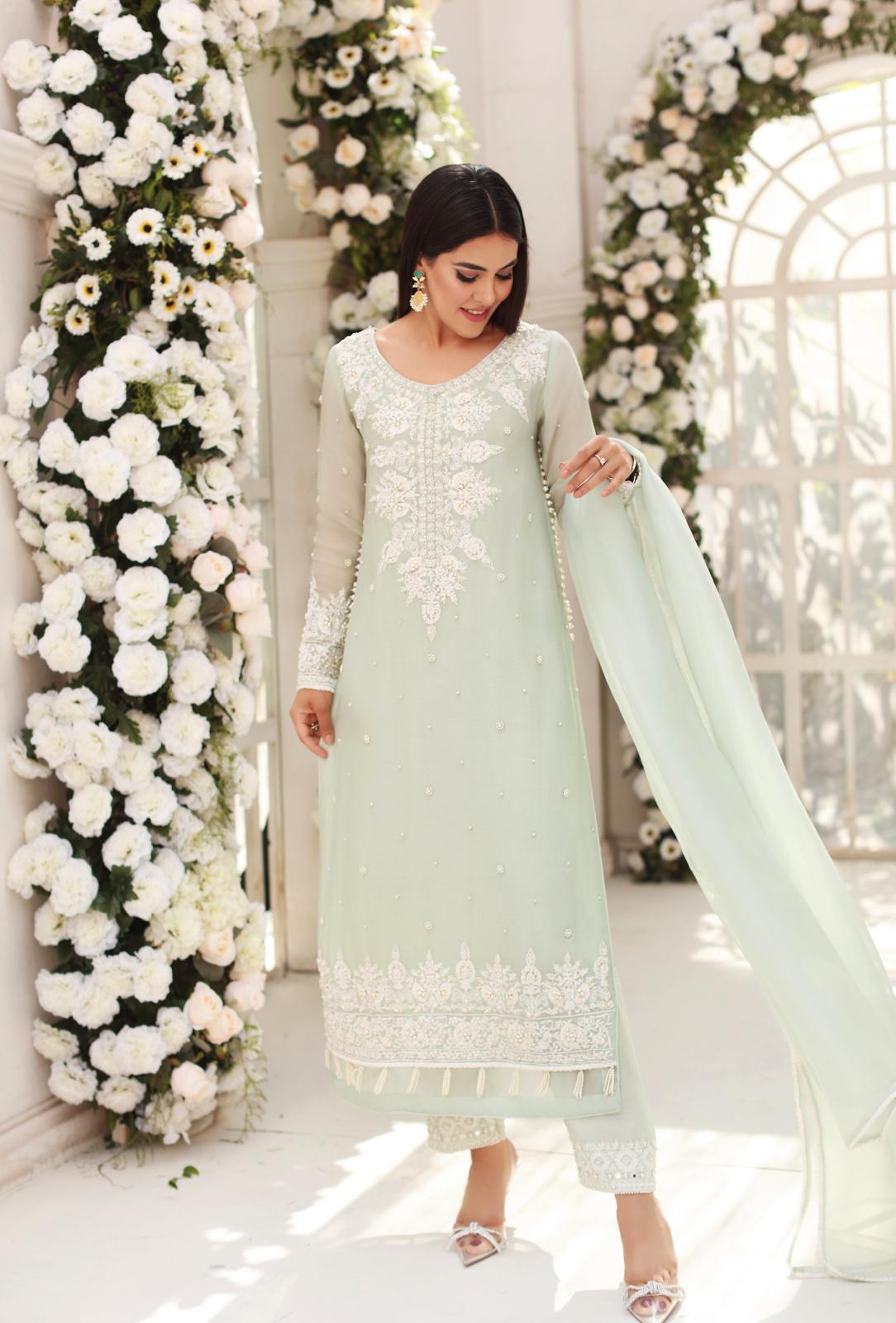 Pakistani Pastel Green Embroidered Cotton Net Salwar Kameez (3-Piece) - Image 5