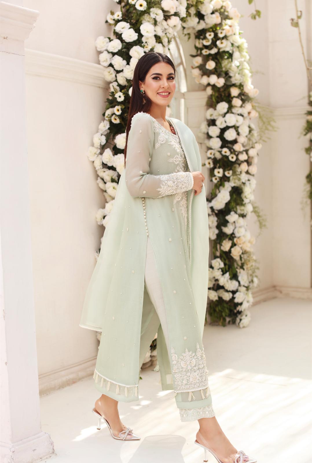 Pakistani Pastel Green Embroidered Cotton Net Salwar Kameez (3-Piece) - Image 6