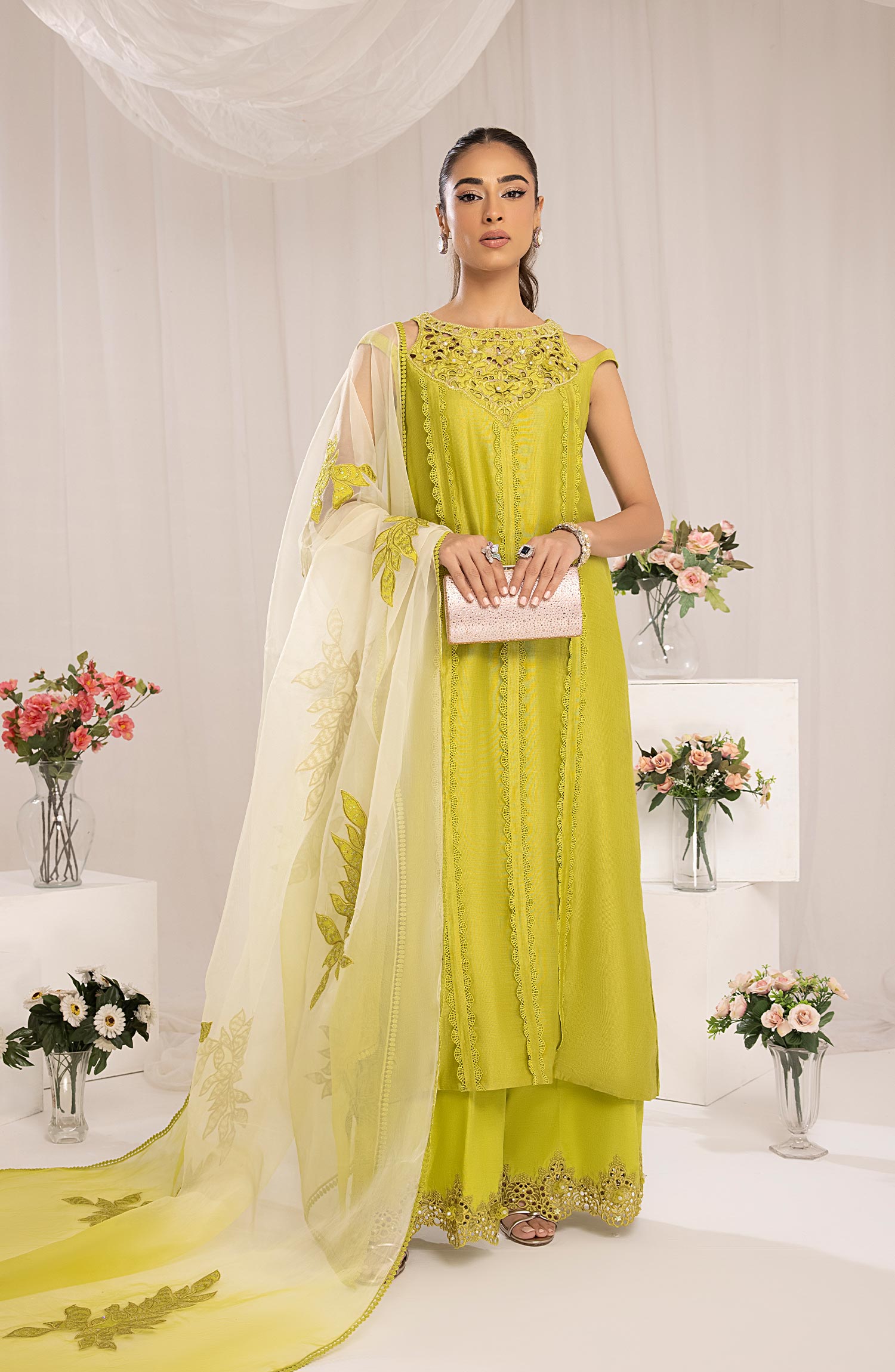 Pakistani Lime Embroidered Cotton Net & Organza Salwar Kameez (3-Piece) - Image 1