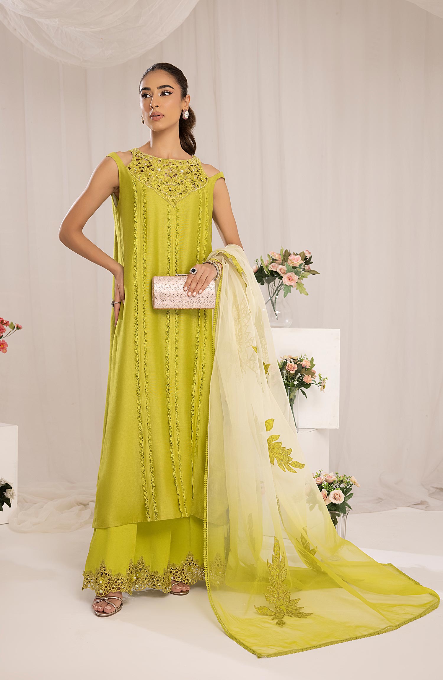 Pakistani Lime Embroidered Cotton Net & Organza Salwar Kameez (3-Piece) - Image 2