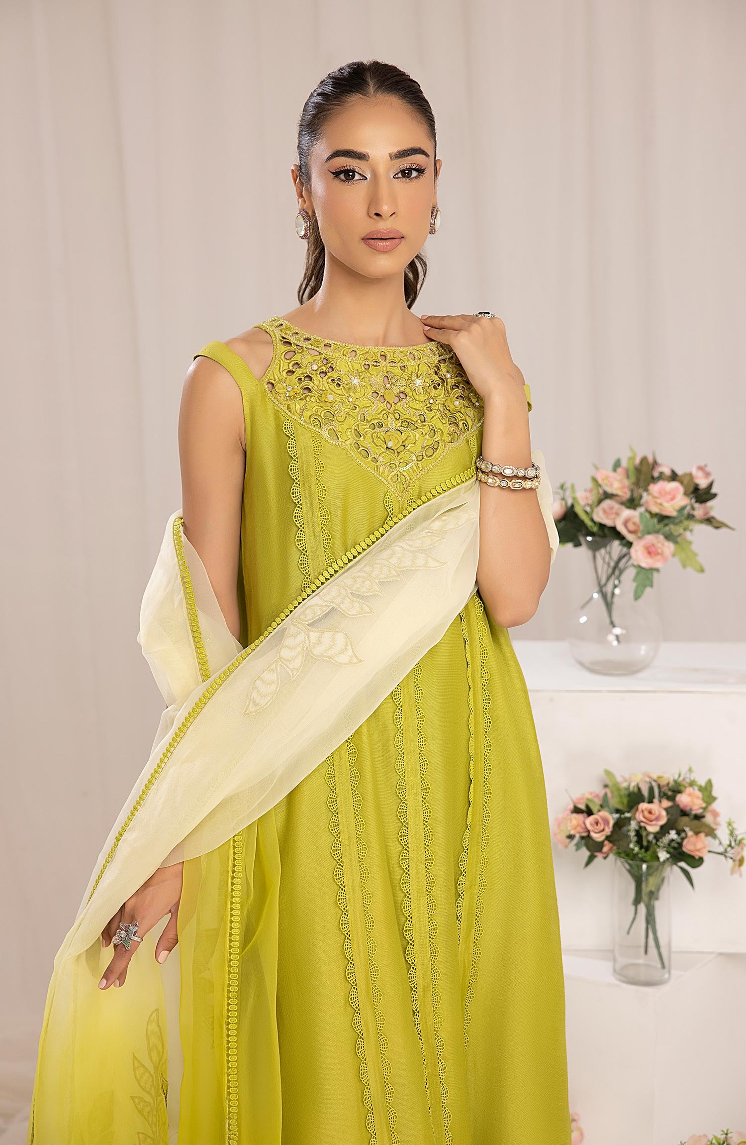 Pakistani Lime Embroidered Cotton Net & Organza Salwar Kameez (3-Piece) - Image 3
