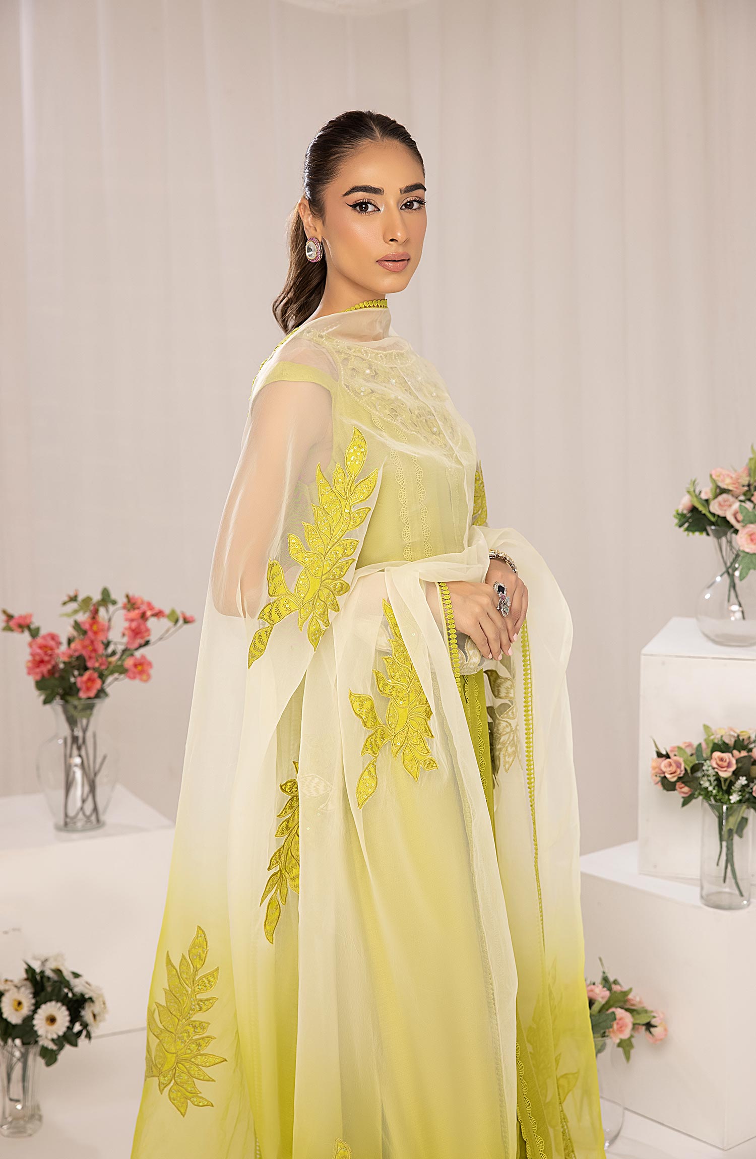 Pakistani Lime Embroidered Cotton Net & Organza Salwar Kameez (3-Piece) - Image 4