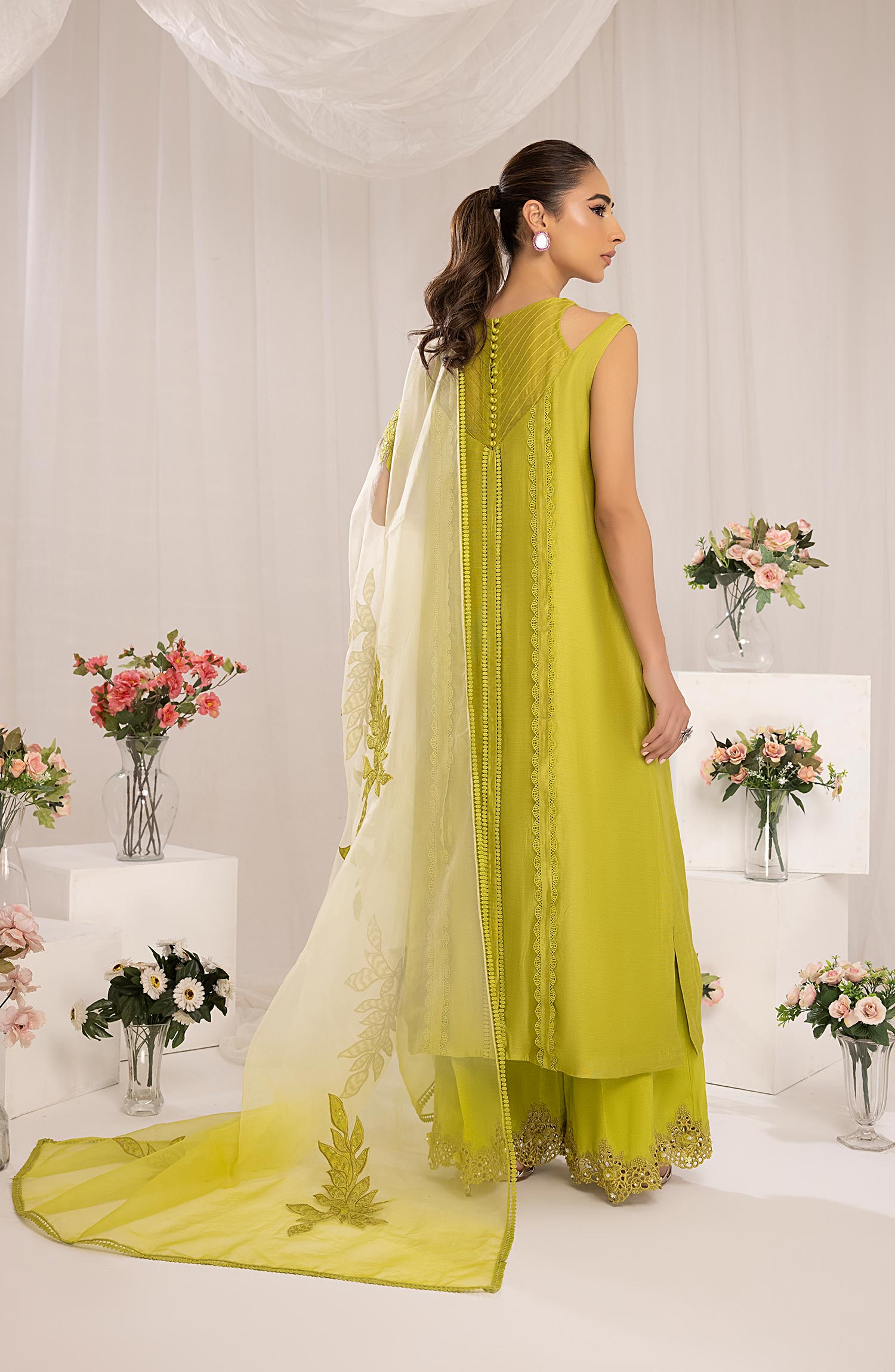 Pakistani Lime Embroidered Cotton Net & Organza Salwar Kameez (3-Piece) - Image 5