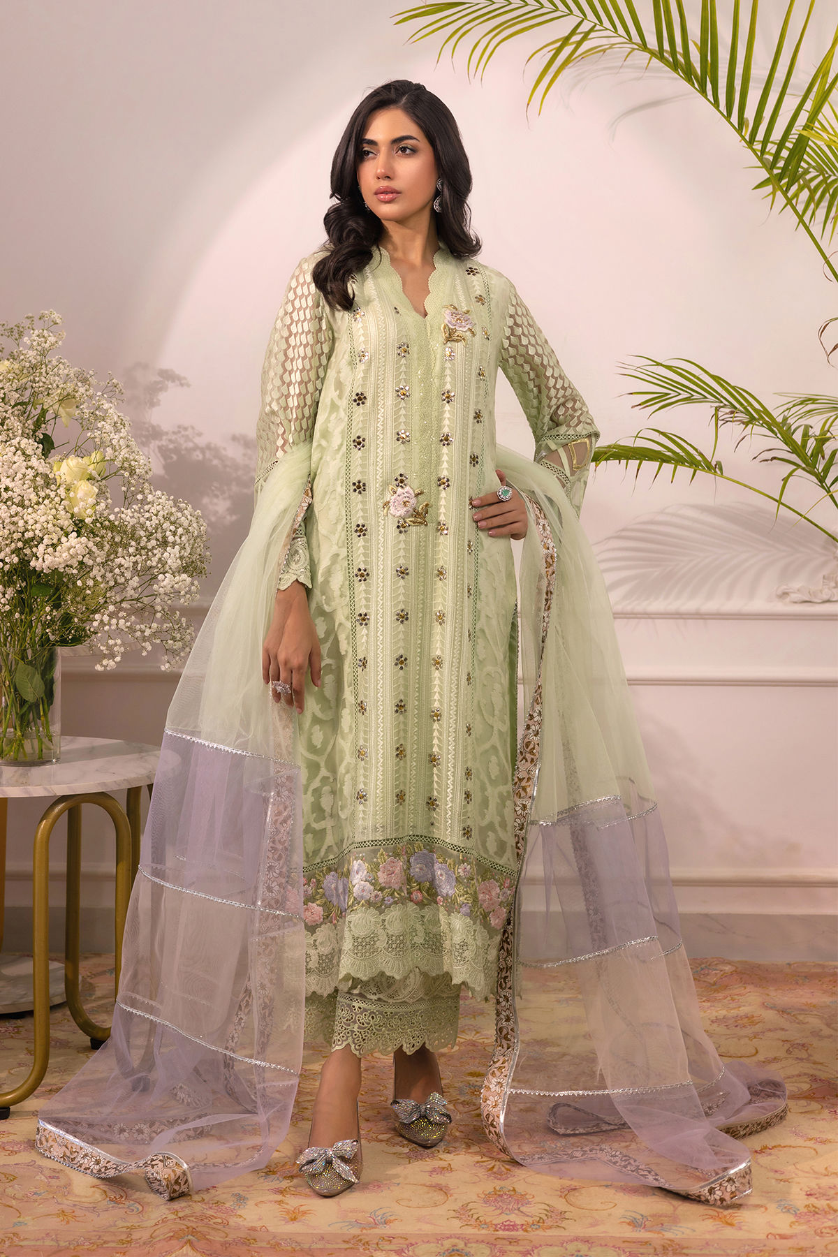 Pakistani Mint Kaamdani Cotton Net Salwar Kameez (3-Piece) - Image 1