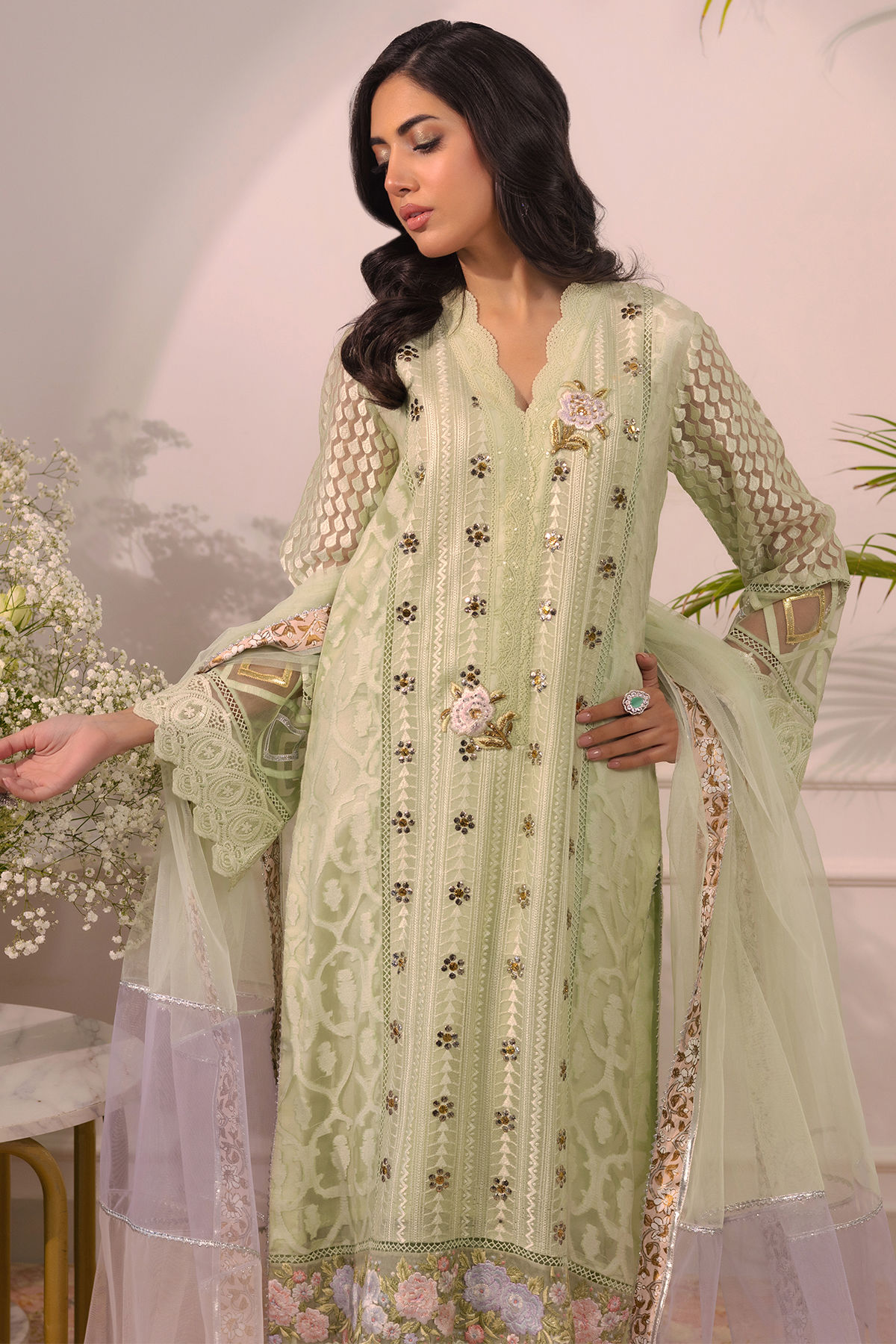 Pakistani Mint Kaamdani Cotton Net Salwar Kameez (3-Piece) - Image 2