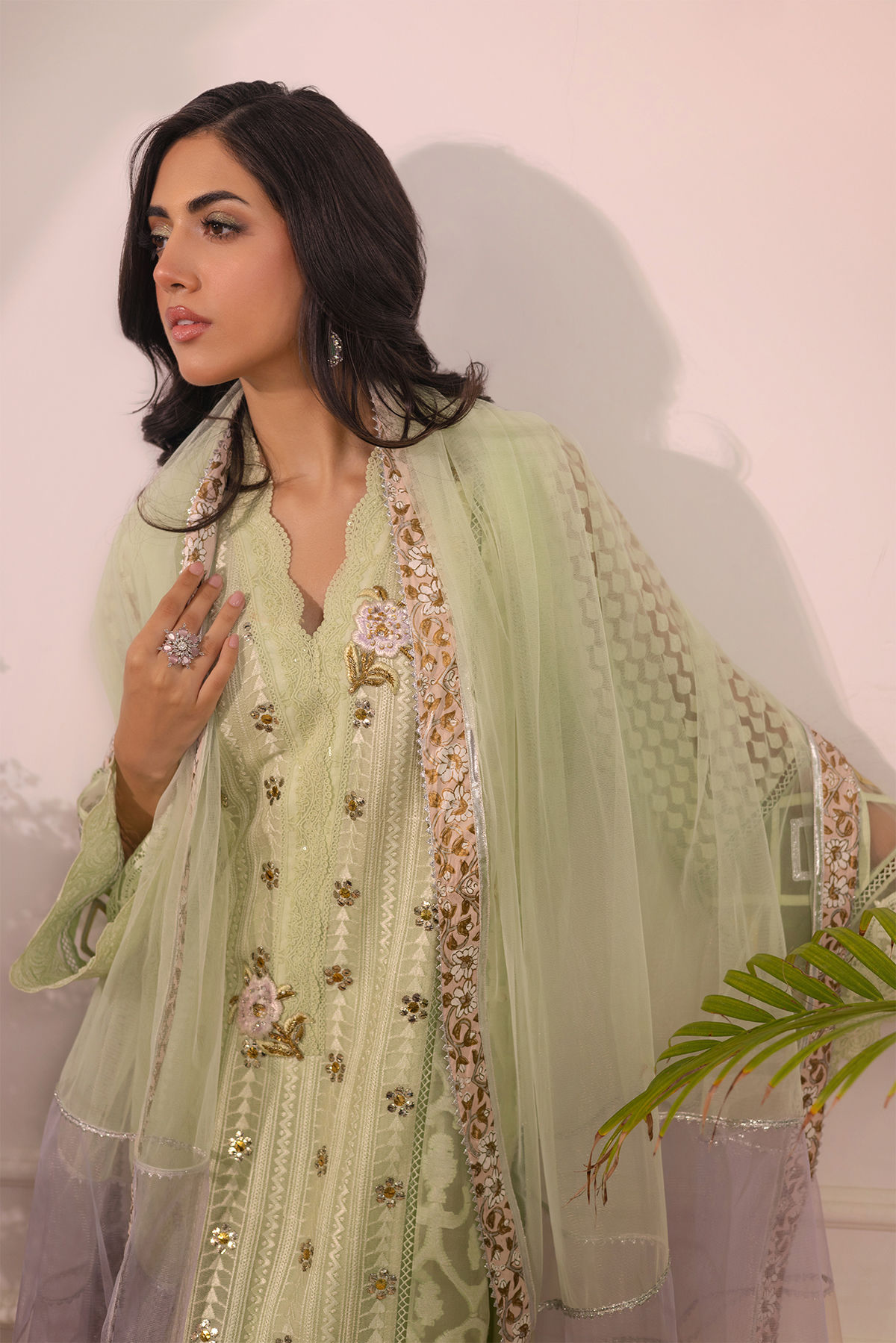 Pakistani Mint Kaamdani Cotton Net Salwar Kameez (3-Piece) - Image 3