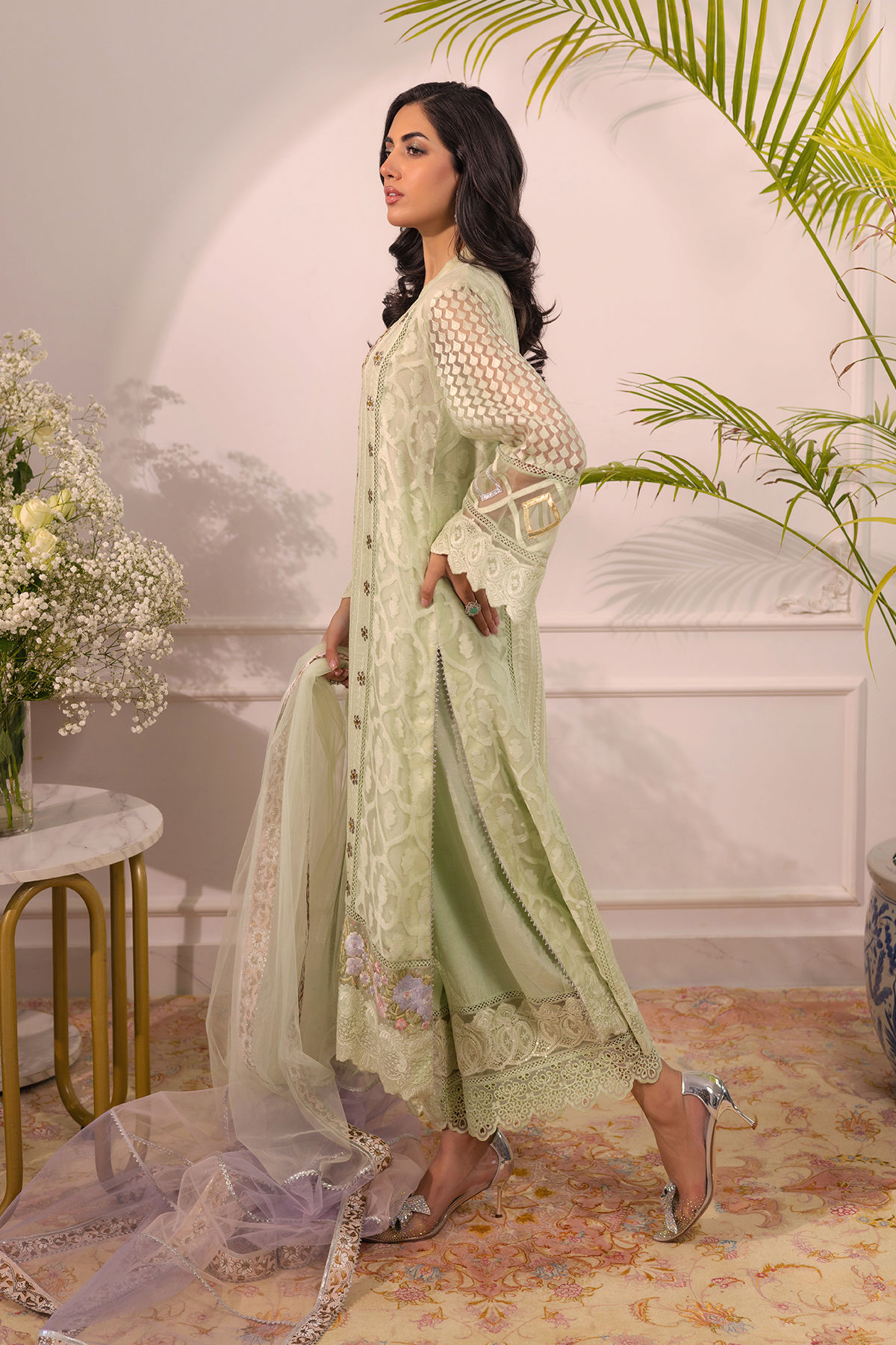 Pakistani Mint Kaamdani Cotton Net Salwar Kameez (3-Piece) - Image 5