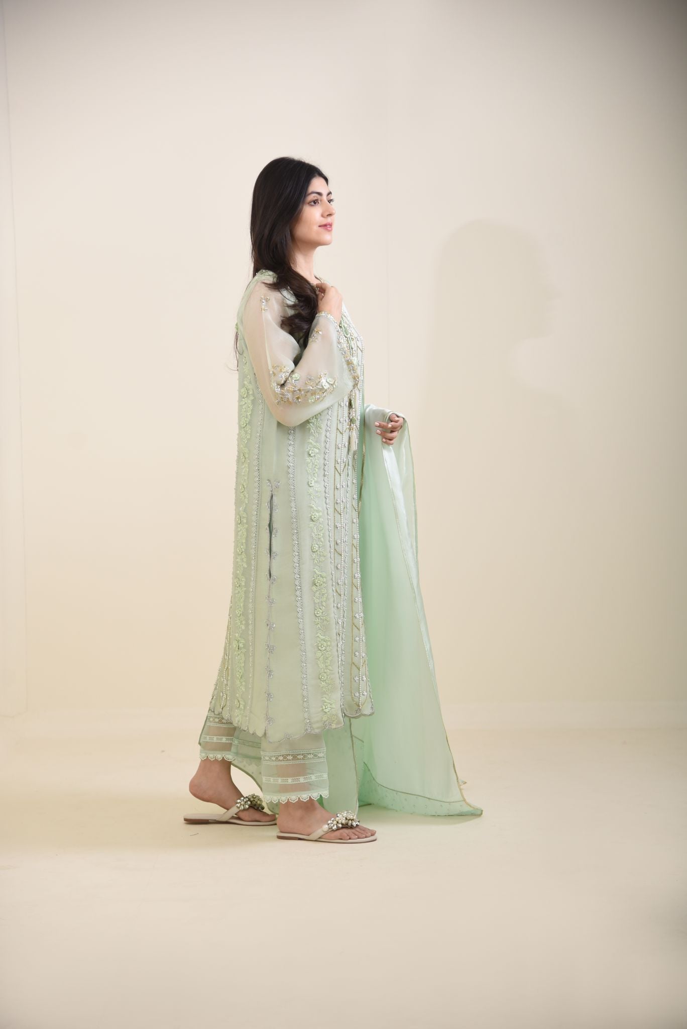 Mint Green Embroidered Cotton Net Salwar Kameez (3-Piece) - Image 1