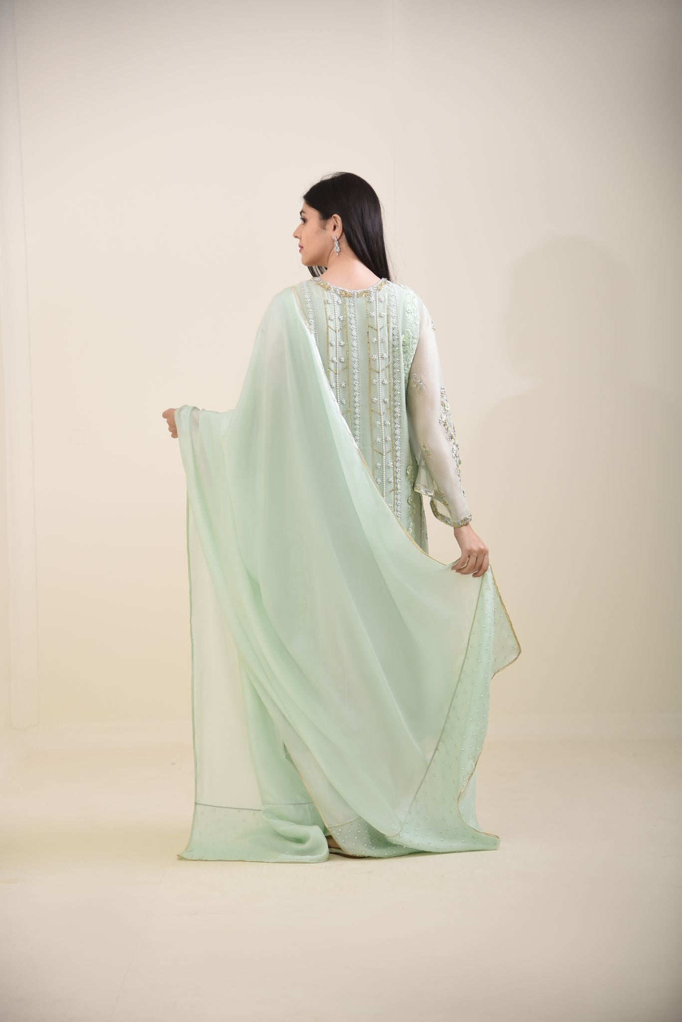 Mint Green Embroidered Cotton Net Salwar Kameez (3-Piece) - Image 2