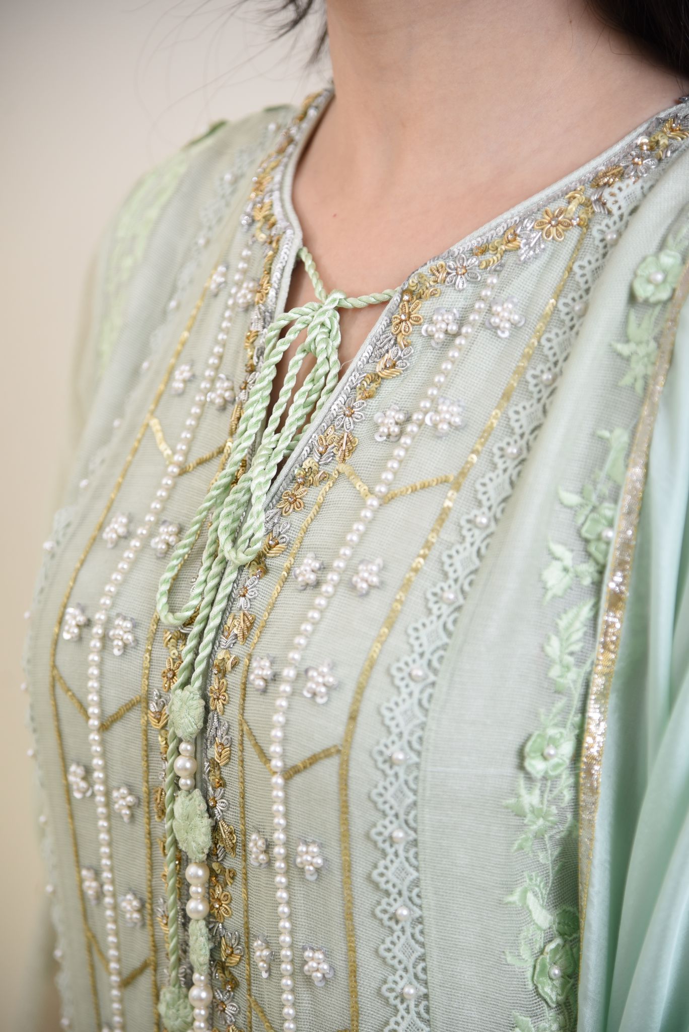 Mint Green Embroidered Cotton Net Salwar Kameez (3-Piece) - Image 3