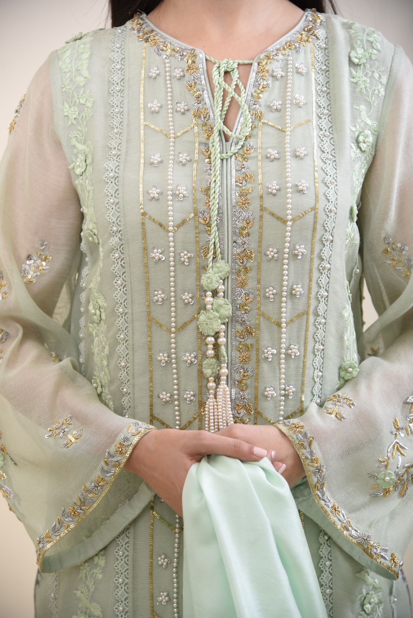 Mint Green Embroidered Cotton Net Salwar Kameez (3-Piece) - Image 4