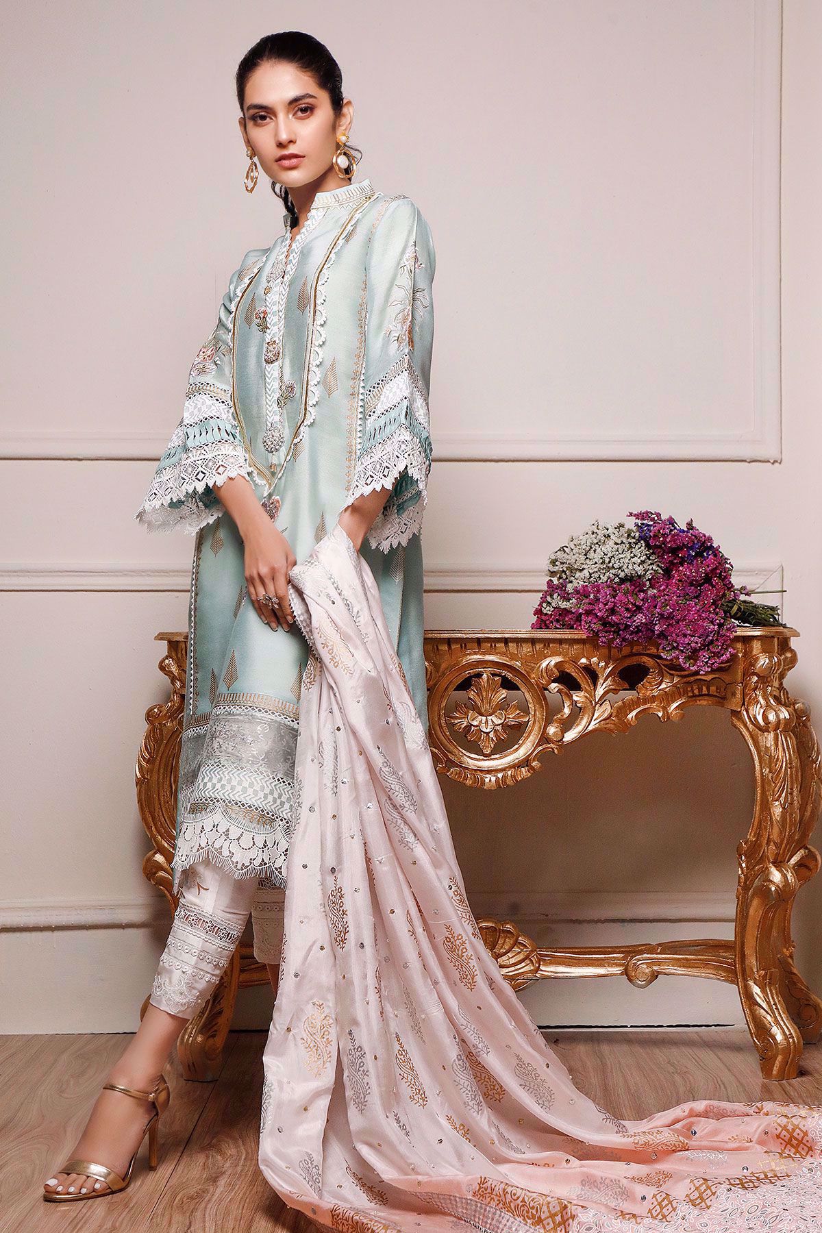 Sea Green Embroidered Cotton Net Salwar Kameez (3-Piece) - Image 1