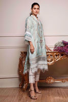 Sea Green Embroidered Cotton Net Salwar Kameez (3-Piece) - Image 3