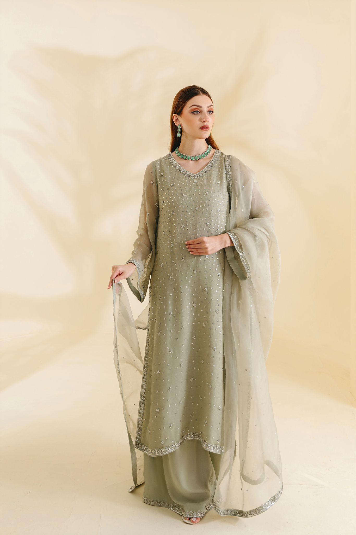 Pakistani Mint Green Embellished Cotton Net Salwar Kameez (3-Piece) - Image 1