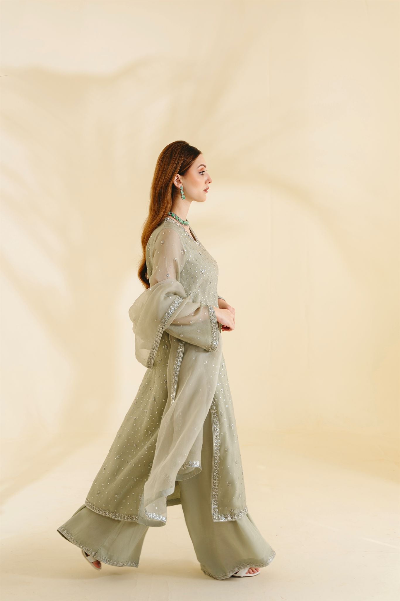 Pakistani Mint Green Embellished Cotton Net Salwar Kameez (3-Piece) - Image 2